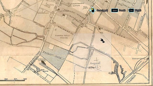 Przesuwaj małą mapkę po dużej, by dotrzeć do prawego dolnego rogu tej drugiej - Dowiedz się więcej o pracy sir Rodneya - Krwawa łaźnia - Sherlock Holmes: Zbrodnia i kara - poradnik do gry