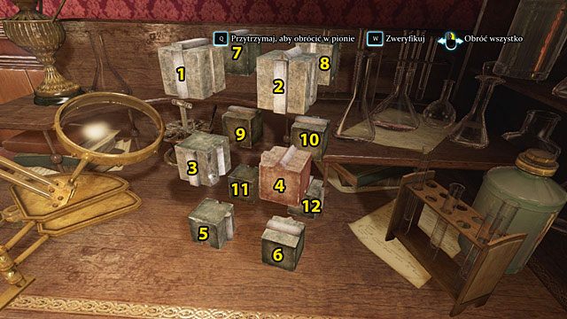 Zweryfikuj układ odpowiednim klawiszem (opcje w górze ekranu), przekonasz się, że przednie kostki: prawa środkowa (4) i prawa dolna (6) są już na swoich miejscach - Znajdź narzędzie zbrodni - Krwawa łaźnia - Sherlock Holmes: Zbrodnia i kara - poradnik do gry