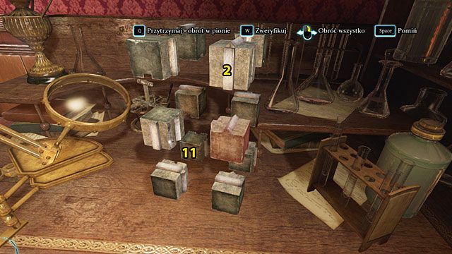 Zamień miejscami kostki prawą górną przednią (2) i lewą dolną tylną (11) - Znajdź narzędzie zbrodni - Krwawa łaźnia - Sherlock Holmes: Zbrodnia i kara - poradnik do gry