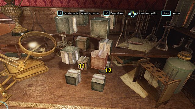 Zamień miejscami dwie dolne tylne kostki: lewą (11) i prawą (12), po czym ustaw obie gładkimi ściankami na zewnątrz i zweryfikuj układ - Znajdź narzędzie zbrodni - Krwawa łaźnia - Sherlock Holmes: Zbrodnia i kara - poradnik do gry