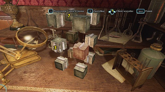 Zamień miejscami kostki lewą środkową przednią (3) i lewą górną tylną (7) - Znajdź narzędzie zbrodni - Krwawa łaźnia - Sherlock Holmes: Zbrodnia i kara - poradnik do gry