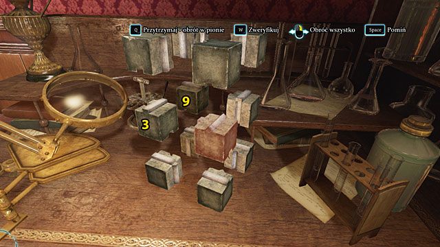 Zamień miejscami dwie środkowe lewe kostki: przednią (3) i tylną (9), po czym ustaw obie gładkimi ściankami na zewnątrz i zweryfikuj układ - Znajdź narzędzie zbrodni - Krwawa łaźnia - Sherlock Holmes: Zbrodnia i kara - poradnik do gry