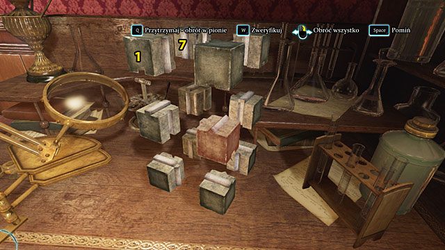 Zamień miejscami dwie górne lewe kostki: przednią (1) i tylną (7) - Znajdź narzędzie zbrodni - Krwawa łaźnia - Sherlock Holmes: Zbrodnia i kara - poradnik do gry