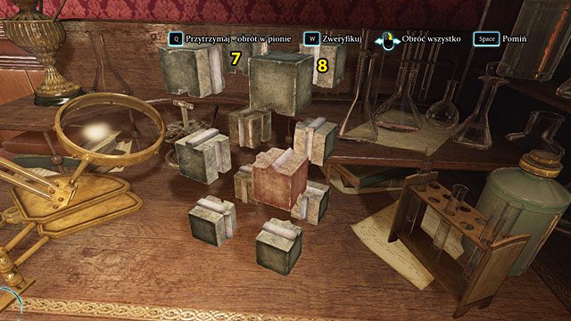 Zamień miejscami dwie górne tylne kostki: lewą (7) i prawą (8), po czym ustaw obie gładkimi ściankami na zewnątrz i zweryfikuj układ - Znajdź narzędzie zbrodni - Krwawa łaźnia - Sherlock Holmes: Zbrodnia i kara - poradnik do gry