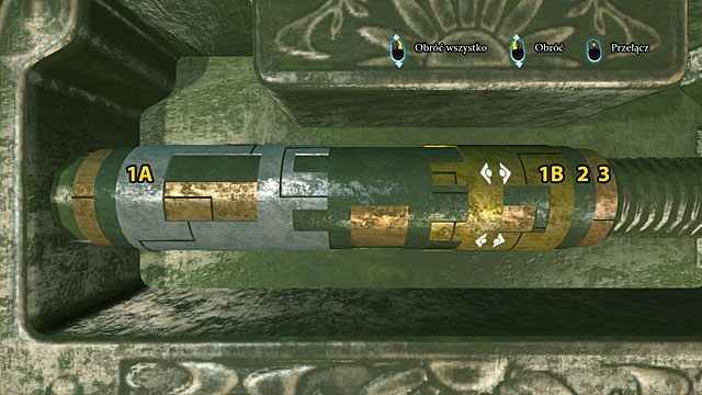 Obróć całość w dół tak, by na lewym krótkim walcu (1A) było widoczne duże okienko, a na prawym (1B) malutkie - Przeszukaj budynki i teren Ogrodów - Dramat w Kew Gardens - Sherlock Holmes: Zbrodnia i kara - poradnik do gry