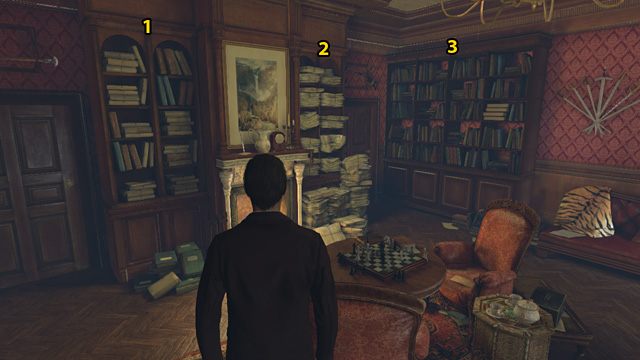 1 - regał z wynikami badań, 2 - regał z gazetami, 3 - regał z encyklopediami. - Zweryfikuj zebrane informacje - Dramat w Kew Gardens - Sherlock Holmes: Zbrodnia i kara - poradnik do gry