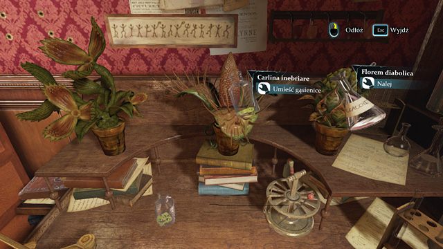 Następnie potraktuj trzecią (florem diabolica) alkaloidem, by się otworzyła, a na drugiej (carlina inebriare) połóż gąsienicę - Przeprowadź eksperyment z zabójczymi roślinami - Dramat w Kew Gardens - Sherlock Holmes: Zbrodnia i kara - poradnik do gry