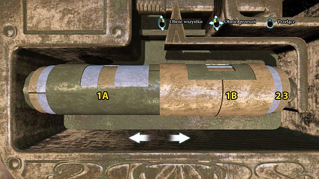 Przełęcz się (2 kliki) na walec nr 2 i obróć go tak, by poziomą kreskę na jego lewym brzegu połączyć w jedną linię z kreską na walcu nr 3 - Rozejrzyj się po cyrku - Spacer po Half Moon Street - Sherlock Holmes: Zbrodnia i kara - poradnik do gry