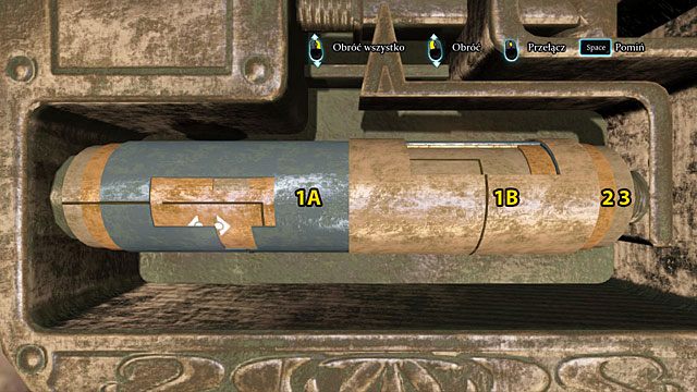 Przełącz się (3 kliki) na lewy krótki walec (1A) i obróć go tak, by poziomą kreskę z jego lewej strony połączyć w jedną linię z kreskami na walcach nr 2 i 3 - Rozejrzyj się po cyrku - Spacer po Half Moon Street - Sherlock Holmes: Zbrodnia i kara - poradnik do gry