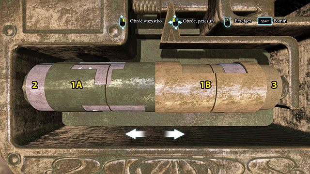 Obróć całość tak, by niedopasowane pionowe linie na krótkim lewym walcu (1A) i na walcu nr 2 były dobrze widoczne - Rozejrzyj się po cyrku - Spacer po Half Moon Street - Sherlock Holmes: Zbrodnia i kara - poradnik do gry