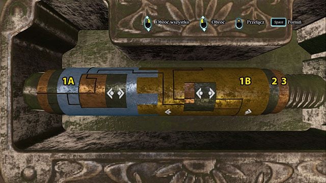 Przełącz się (2 kliki) na krótki lewy walec (1A) i obróć go tak, by poziomą kreskę z jego lewej strony połączyć w jedną linię z kreskami na walcach nr 2 i 3 - Włam się do sejfu w posiadłości w Notting Hill - Spacer po Half Moon Street - Sherlock Holmes: Zbrodnia i kara - poradnik do gry