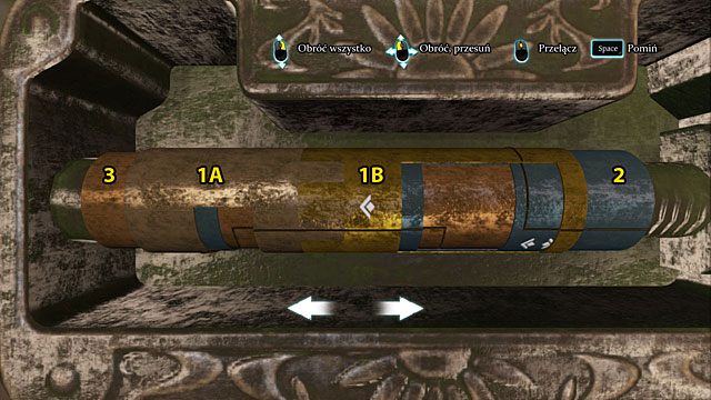 Obróć całość tak, by w oknie po prawej były widoczne niedopasowane pionowe linie na krótkim prawym walcu (1B) i na walcu nr 2 - Włam się do sejfu w posiadłości w Notting Hill - Spacer po Half Moon Street - Sherlock Holmes: Zbrodnia i kara - poradnik do gry