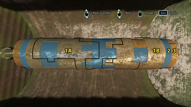 Przełącz się (2 kliki) na walec nr 2 i obróć go tak, by dopasować linie w lewym okienku i pośrodku tego walca do linii na lewym krótkim walcu (1A) - Włam się do sejfu w posiadłości w Notting Hill - Spacer po Half Moon Street - Sherlock Holmes: Zbrodnia i kara - poradnik do gry