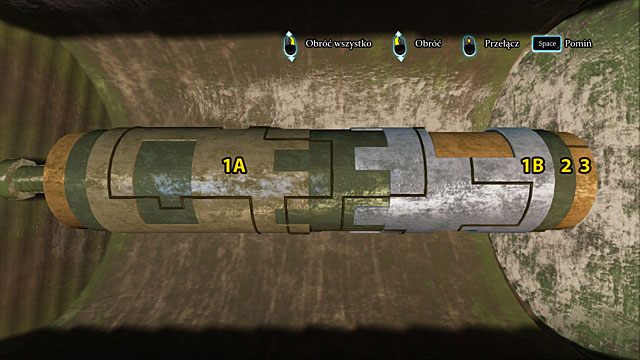 Przełącz się (3 kliki) na prawy krótki walec (1B) i obróć go tak, by dopasować linie na jego lewym brzegu do linii pośrodku walca nr 2 - Włam się do sejfu w posiadłości w Notting Hill - Spacer po Half Moon Street - Sherlock Holmes: Zbrodnia i kara - poradnik do gry