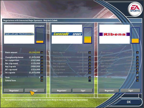 Na tym się jednak nie kończy nasza działalność na tym polu, gdyż zainteresowanym możemy również odstąpić miejsca na szyldach stadionowych - Sponsoring | Podstawy Total Club Manager 2003 - Total Club Manager 2003 - poradnik do gry