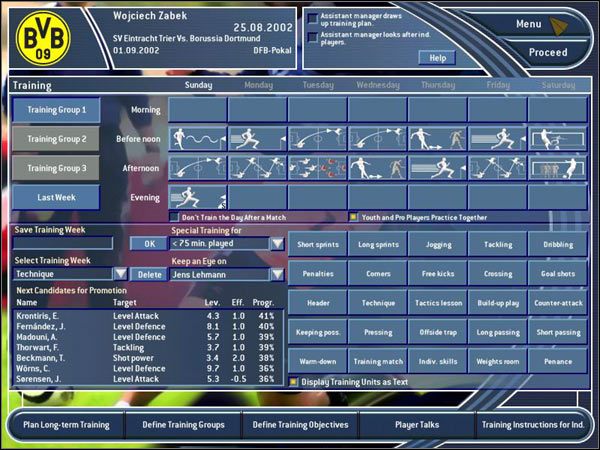 Drużynę możesz podzielić w zajęciach na trzy grupy, a każda z nich może zająć się czymś zupełnie innym, mającym im pomóc w grze na danej pozycji - Trening | Podstawy Total Club Manager 2003 - Total Club Manager 2003 - poradnik do gry