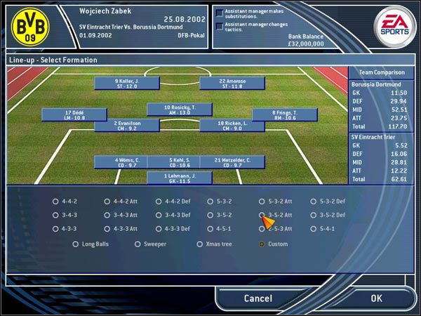 Oczywiste jest, iż na własnym stadionie wymagane jest bardziej ofensywne ustawienie i to my mamy dyktować warunki - U siebie i na wyjeździe | Taktyka Total Club Manager 2003 - Total Club Manager 2003 - poradnik do gry