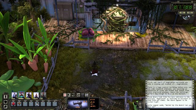 Przez interkom usłyszysz Kathy Lawson, ale zanim podejdziesz jej odpowiedzieć zwróć uwagę na pulsujące cztery balony po lewej stronie drzwi na obrazku - Agrocentrum Pola | Wasteland 2 - Wasteland 2 - poradnik do gry
