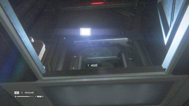 Żeby wydostać się z windy musisz ustawić się na środku, popatrzeć do góry po czym nacisnąć wskazany przycisk - Znajdź Samuelsa w dziale Seegson Synthetics | Opis przejścia Obcy Izolacja - Obcy: Izolacja - poradnik do gry