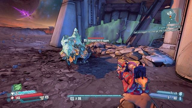 Rozjuszony Kraggon będzie na ciebie szarżował dlatego stań zaraz obok zawalonego wejścia i jak tylko zobaczysz że szarżuje, wykonaj skok - Torgue-o! Torgue-o! | Misje poboczne - Serenitys Waste w Borderlands - Borderlands: The Pre-Sequel! - poradnik do gry