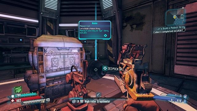 Włóż do maszyny Eye Component i poczekaj aż zmontuje Oculus po czym weź go i udaj się do centralnego pomieszczenia i włóż go do konstruktora - Lets Build a Robot Army | Zadania główne w Borderlands The Pre-Sequel - Borderlands: The Pre-Sequel! - poradnik do gry