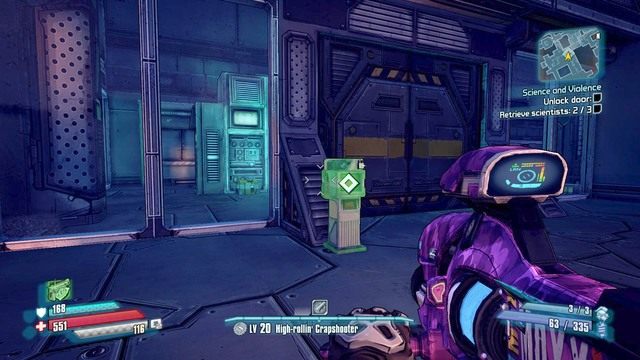 Podejdź do pobliskich drzwi i odblokuj je kartą dostępu po czym zeskocz na dół i porozmawiaj z naukowcem - Science and Violence | Zadania główne w Borderlands The Pre-Sequel - Borderlands: The Pre-Sequel! - poradnik do gry