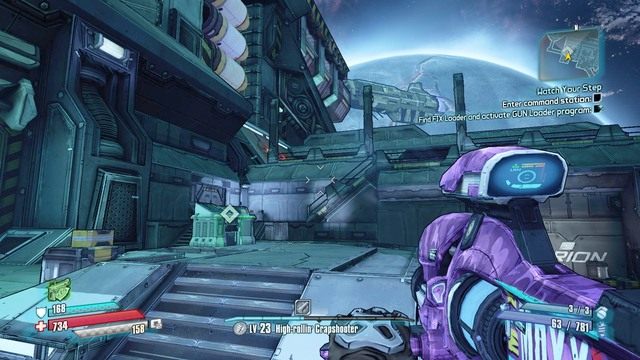 Na końcu drogi będzie stać konsola, którą włącz (przygotuj sobie twoją najlepszą broń bo zostaniesz zaatakowany przez silnego mecha) - Watch Your Step | Zadania główne w Borderlands The Pre-Sequel - Borderlands: The Pre-Sequel! - poradnik do gry