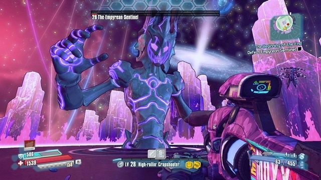 Duży Sentinel będzie przeprowadzał atak obszarowy, którego nie da się uniknąć (cała arena będzie pokryta atakiem żywiołu, który aktualnie posiada) chyba że będziesz na podeście, który się wysunie w trakcie walki - The Begining of the End | Zadania główne w Borderlands The Pre-Sequel - Borderlands: The Pre-Sequel! - poradnik do gry