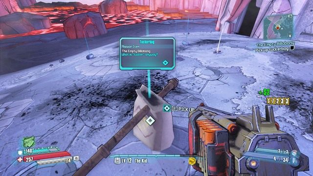 Niezależnie od tego w jaki sposób ich pokonałeś, podnieś z ziemi Tuckerbag i wróć do Peepota a w nagrodę dostaniesz punkty doświadczenia - The Empty Billabong | Misje poboczne - Crysis Scar w Borderlands The Pre-Sequel - Borderlands: The Pre-Sequel! - poradnik do gry