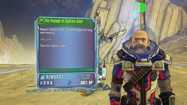 Po wykonaniu zadania porozmawiaj z przybyszem a jako nagrodę dostaniesz skórkę do zmiany wyglądu twarzy twojej postaci - The Voyage of Captain Chef | Misje poboczne - Triton Flats w Borderlands - Borderlands: The Pre-Sequel! - poradnik do gry