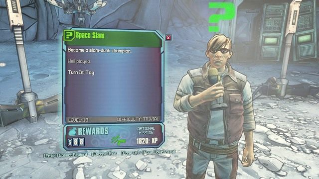 Jak tylko uda ci się wykonać dokładny skok wróć do reportera a w nagrodę dostaniesz wyrzutnię rakiet albo pistolet - Space Slam | Misje poboczne - Outlands Canyon | Borderlands The Pre-Sequel - Borderlands: The Pre-Sequel! - poradnik do gry