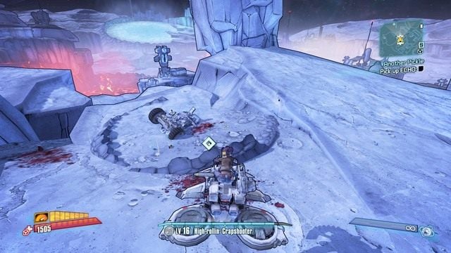 Udaj się w wyznaczone miejsce w Triton Flats i rozpraw się z Badass Sharggoth (możesz wyeliminować go w prosty sposób będąc w pojeździe) po czym zabierz z wraku ECHO - Another Pickle | Misje poboczne - Outlands Canyon | Borderlands The Pre-Sequel - Borderlands: The Pre-Sequel! - poradnik do gry