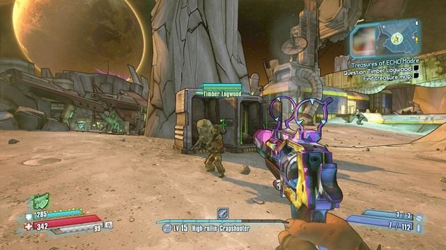 Po dotarciu na miejsce poczekaj aż z Toi-Toia wyskoczy bandyta i przesłuchaj go - Treasures of ECHO Madre | Misje poboczne - Outlands Canyon | Borderlands - Borderlands: The Pre-Sequel! - poradnik do gry