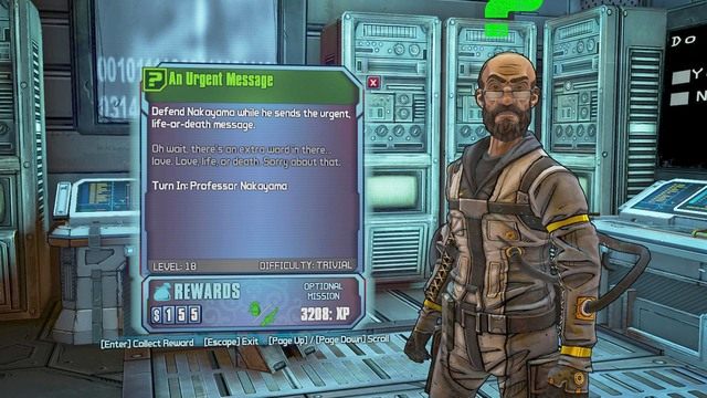 Po zakończonej walce porozmawiaj z profesorem a w nagrodę dostaniesz mod do granatów lub karabin szturmowy - An Urgent Message | Misje poboczne - Jacks Office | Borderlands The Pre-Sequel - Borderlands: The Pre-Sequel! - poradnik do gry