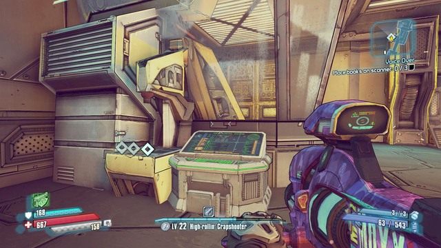 Po zebraniu książek podejdź do skanera na północy i włóż je do niego po czym zainicjuj procedurę z konsoli obok - Voice Over | Misje poboczne - Jacks Office | Borderlands The Pre-Sequel - Borderlands: The Pre-Sequel! - poradnik do gry