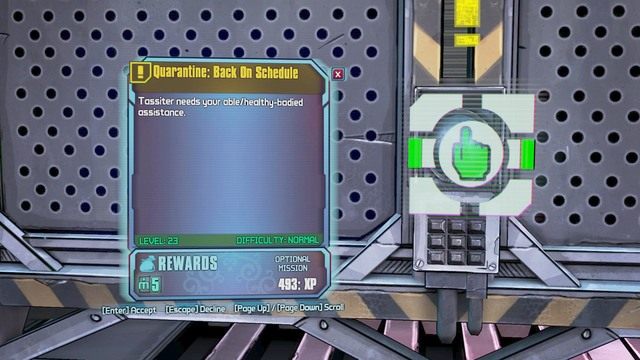 Quarantine: Back On Schedule dostępne będzie w Jacks Office po wykonaniu głównego zadania Eye to Eye - Quarantine - Back on Schedule | Misje poboczne - Jacks Office | Borderlands - Borderlands: The Pre-Sequel! - poradnik do gry