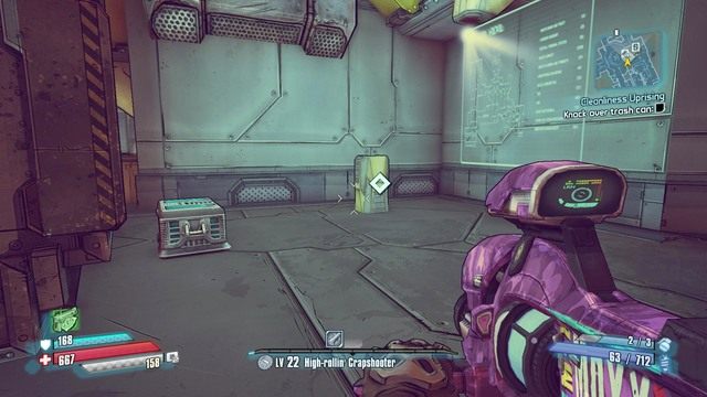 Robot nakaże ci udanie się do miejsca obok biura Jacka i przewrócenie śmietnika (narobienie bałaganu) oraz złapanie czyszczącego bota, który tam przyjedzie - Cleanliness Uprising | Misje poboczne - Hyperion Hub of Heroism | Borderlands - Borderlands: The Pre-Sequel! - poradnik do gry