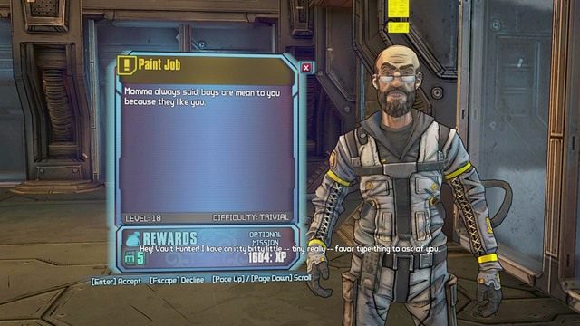 Misję Paint Job dostaniesz w momencie wykonania zadania pobocznego An Urgent Message - Paint Job | Misje poboczne - Hyperion Hub of Heroism | Borderlands - Borderlands: The Pre-Sequel! - poradnik do gry