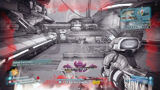 Rozpraw się z żołnierzami, wśród nich będzie kurier po czym zabierz z jego zwłok pierwszy dowód - Red, Then Dead | Misje poboczne - Lunar Launching Station | Borderlands - Borderlands: The Pre-Sequel! - poradnik do gry