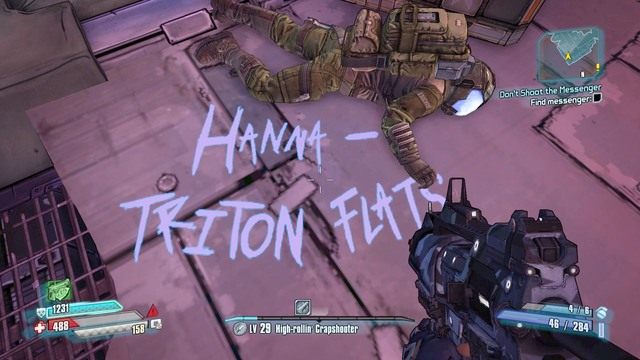 Będziesz musiał znaleźć Hannę, która znajdować będzie się w Triton Flats - Dont Shoot the Messanger | Misje poboczne - Tychos Ribs | Borderlands - Borderlands: The Pre-Sequel! - poradnik do gry