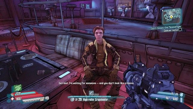 Zabij bandytów i porozmawiaj z Hanną po czym udaj się do baru Moxxi w Concordii i dostarcz wiadomość do kobiety, która siedzi w jednym z boksów - Dont Shoot the Messanger | Misje poboczne - Tychos Ribs | Borderlands - Borderlands: The Pre-Sequel! - poradnik do gry