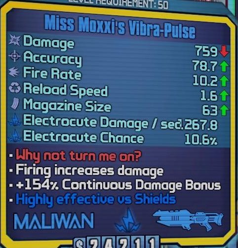 Kolejną bronią jakiej chcesz używać jest Miss Moxxis Vibra-Pulse - Nisha The Lawbringer w Borderlands The Pre-Sequel | Klasy postaci - Borderlands: The Pre-Sequel! - poradnik do gry