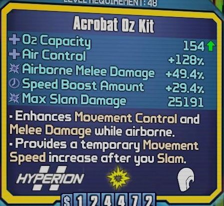 Jako, że teleport zapewniony z umiejętności Blood Rush możesz wykonać będąc w powietrzu, dobrym pomysłem jest korzystanie z Oz Kita - Acrobat dającego ci ogromny bonus do obrażeń od ciosów wręcz - Athena The Gladiator w Borderlands The Pre-Sequel | Klasy postaci - Borderlands: The Pre-Sequel! - poradnik do gry