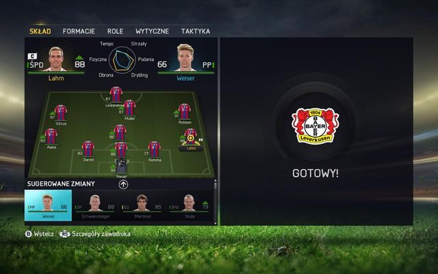 W polu Skład możesz dokonać potrzebnych - wedle Twojego uznania - roszad w wyjściowej jedenastce oraz na ławce rezerwowych - Skład | Panel zarządzania składem w FIFA 15 - FIFA 15 - poradnik do gry