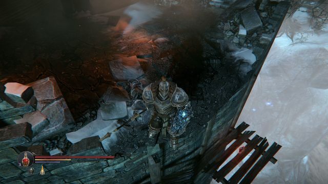 Aby móc zeskoczyć na platformę musisz się odpowiednio wychylić. Uważaj, aby nie spaść! - Keystone - Sztylet Yetki | Zadania poboczne w Lords of the Fallen - Lords of the Fallen - poradnik do gry