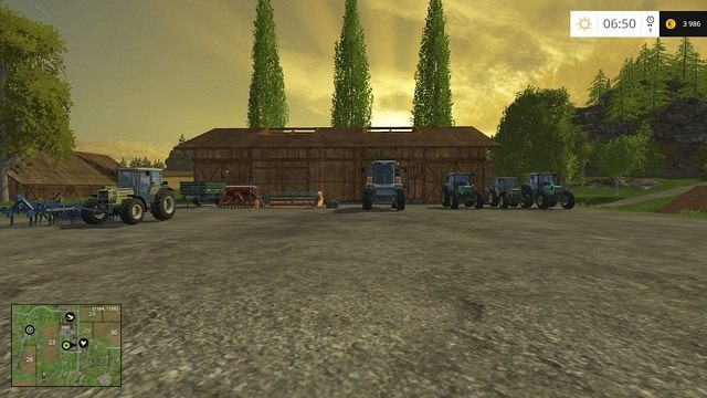 Oto wszystkie posiadane na początku maszyny oraz narzędzia. - Farma budynki oraz maszyny startowe w Farming Simulator 15 | Podstawy - Farming Simulator 15 - poradnik do gry