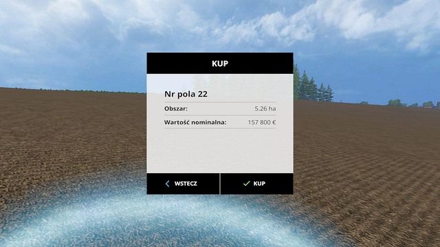 Ekran zakupu pola informuje o cenie oraz powierzchni. - Uprawa ziemi przygotowanie, zbiór i sprzedaż w Farming Simulator 15 | Podstawy - Farming Simulator 15 - poradnik do gry