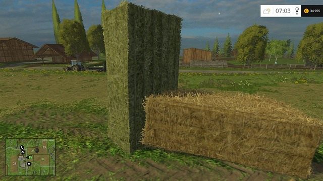 Zielona bela powstaje z siana, natomiast żółta - ze słomy. - Trawa, siano oraz słoma w Farming Simulator 15 | Uprawy - Farming Simulator 15 - poradnik do gry