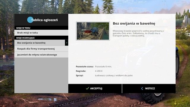 Ekran informujący o rodzaju misji, a także czekającej za wykonanie zadania zapłacie. - Misje w Farming Simulator 15 - Farming Simulator 15 - poradnik do gry