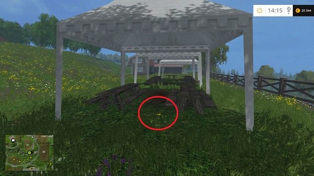 Pod białym namiotem, przy stolikach - Sektor G: monety 90 - 100 | Złote monety w Farming Simulator 15 - Farming Simulator 15 - poradnik do gry